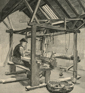 old loom with weaver at work