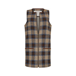 brown and blue checked tweed gilet lined in cotton ticking with full length zip
