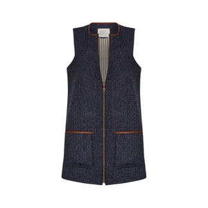 dark blue tweed long length gilet with pockets and full length zip and cotton ticking lining