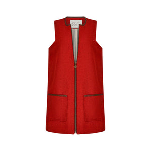 burnt red tweed working gilet with full length zip and striped cotton ticking lining