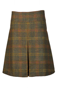 Designer women's tweed green check skirt front box pleat 