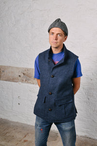 Mens blue tweed gilet hand stitched made in UK