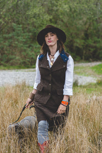 chocolate brown suede hat and brown tweed fitted women's waistcoat