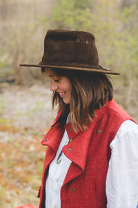 chocolate brown suede bush hat and red tweed waistcoat