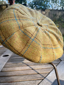 mustard yellow and blue and lime green check tweed baker boy cap