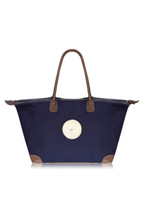 navy canvas and leather weekend bag