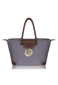 slate grey leather and canvas weekend bag