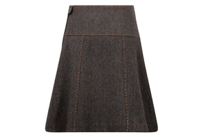 women's knee length brown tweed skirt back view hand stitched made in Britain box pleat