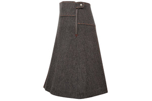 womens knee length box pleat brown tweed skirt side view hand stitched made in Britain